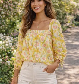 Sunflower Print Sqaure Neck Tie Sleeve Top