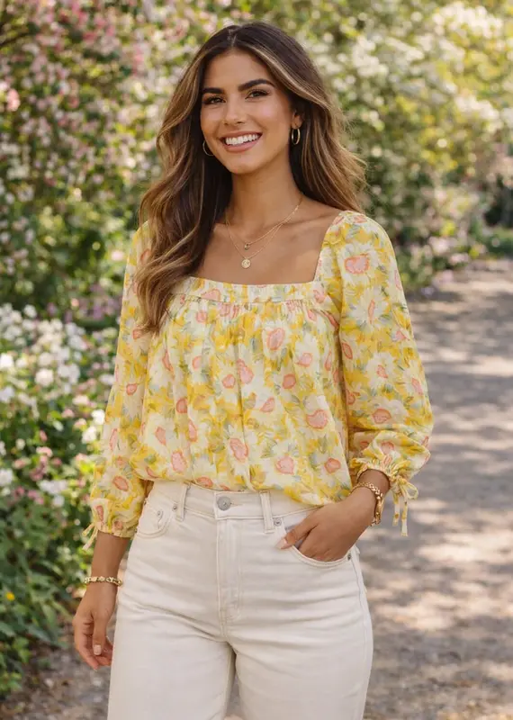 Sunflower Print Sqaure Neck Tie Sleeve Top