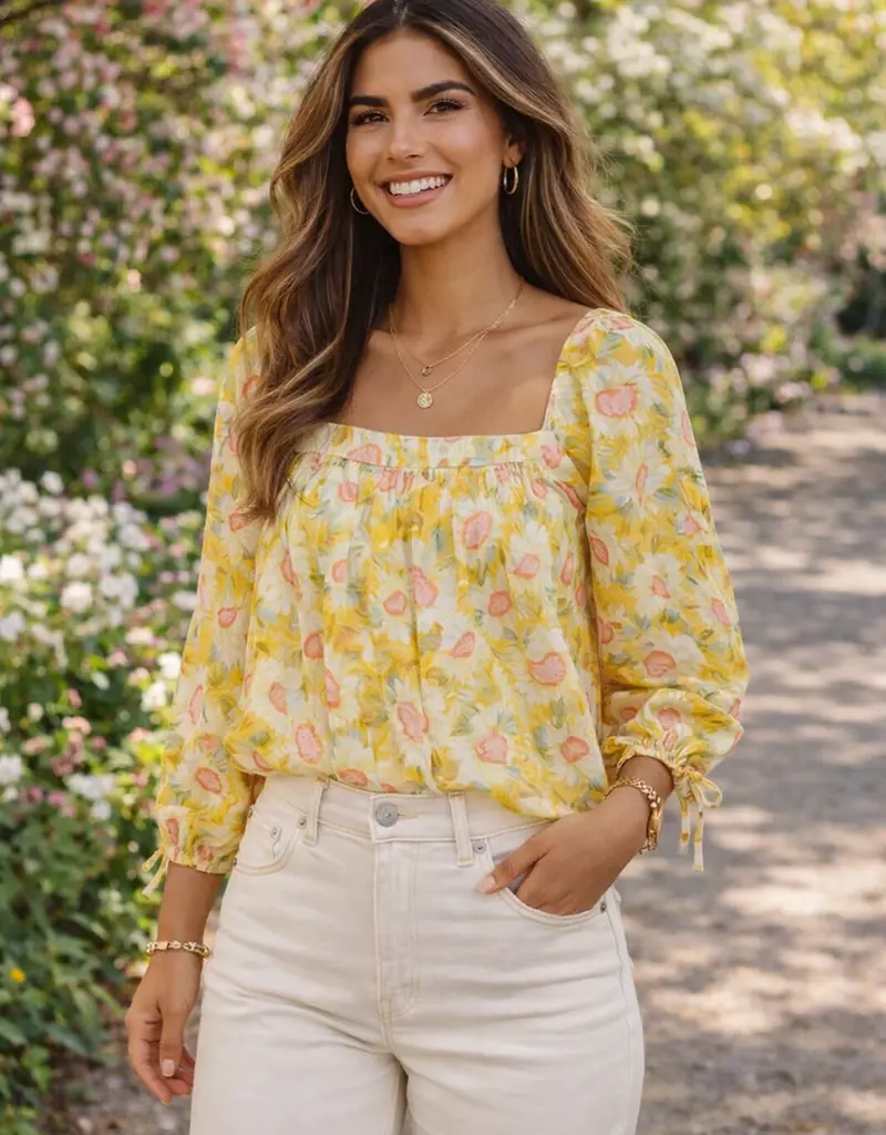Sunflower Print Sqaure Neck Tie Sleeve Top