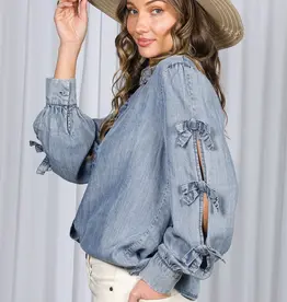 Chambray Bow Sleeve Detail Denim Shirt