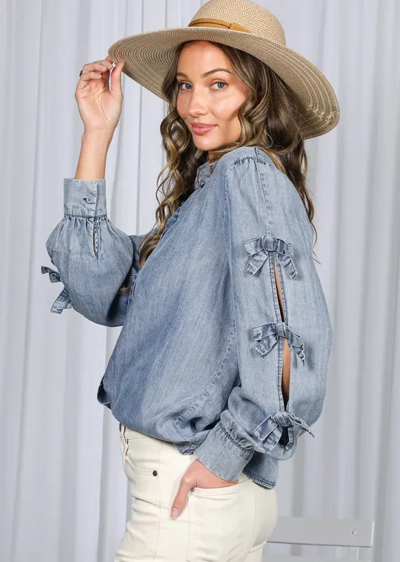 Chambray Bow Sleeve Detail Denim Shirt