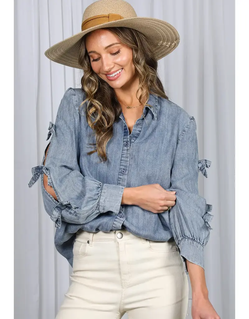 Chambray Bow Sleeve Detail Denim Shirt