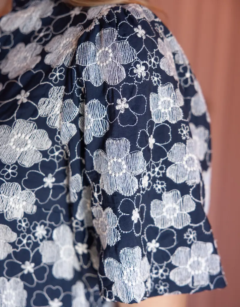 Ruffled V-Neck with Floral Embroidered