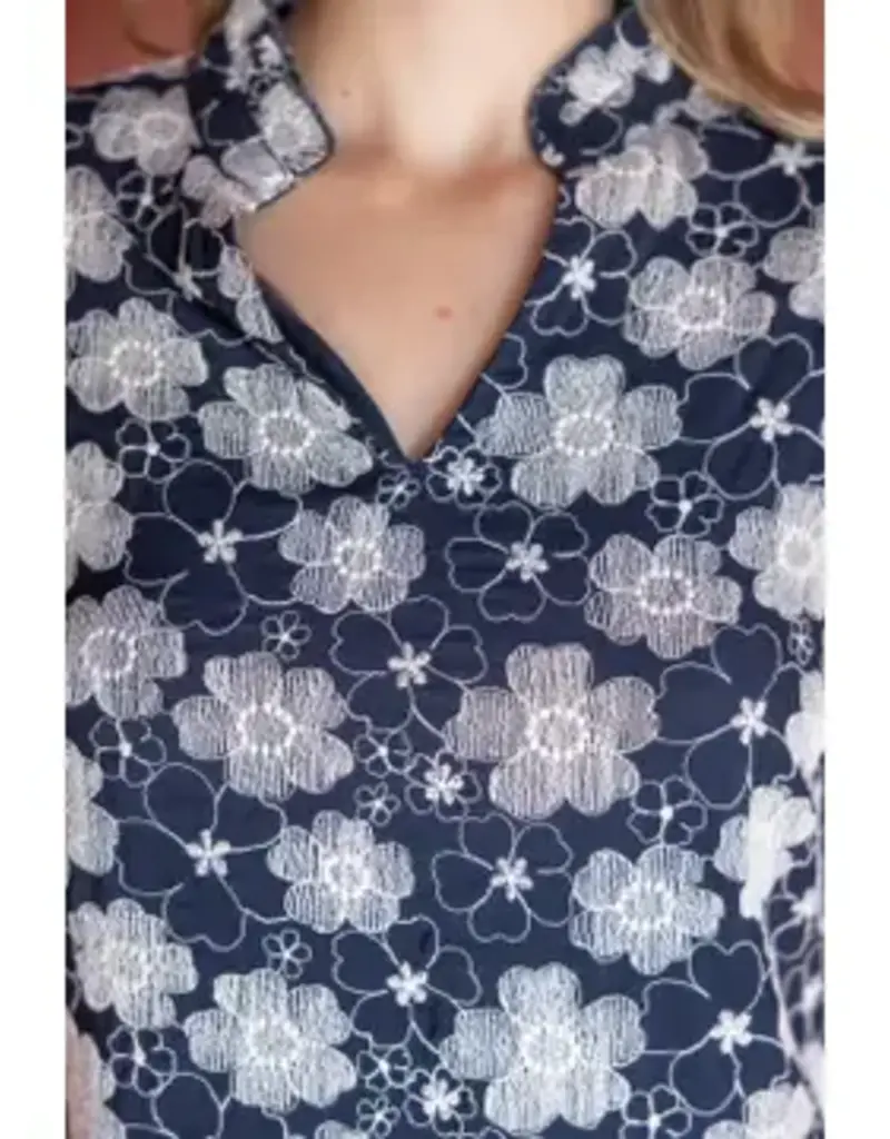 Ruffled V-Neck with Floral Embroidered