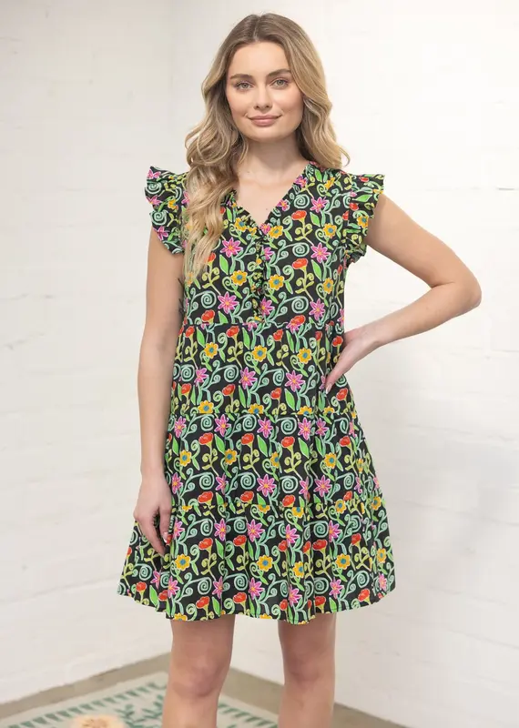 Ruffled V Neck Tiered Floral Print Dress