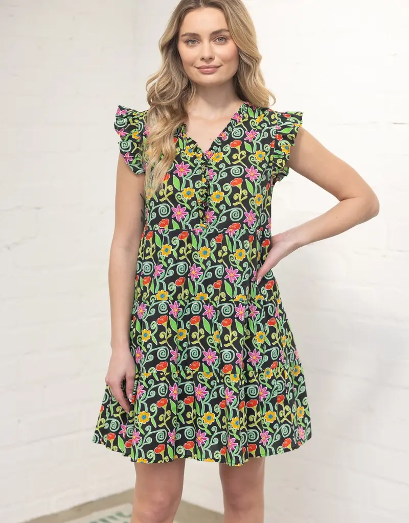 Ruffled V Neck Tiered Floral Print Dress