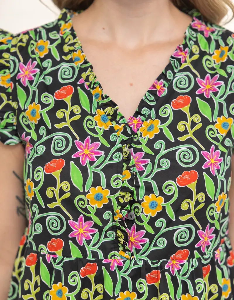 Ruffled V Neck Tiered Floral Print Dress