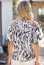 Smocked Neck and Shoulder Detail Printed Top