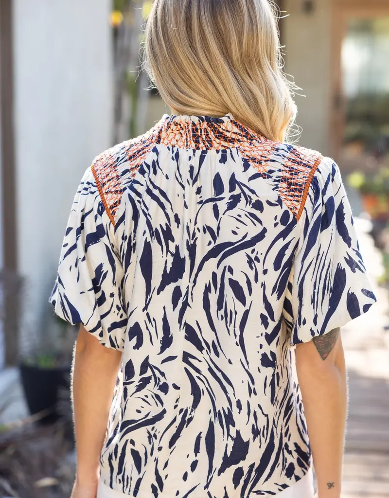 Smocked Neck and Shoulder Detail Printed Top