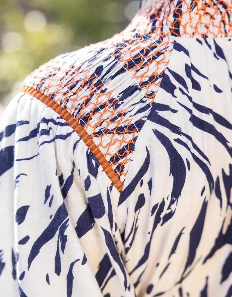 Smocked Neck and Shoulder Detail Printed Top