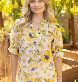 Ruffled V Neck Floral Print and Embroidery Top