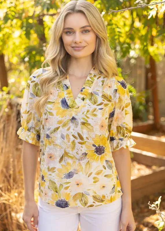 Ruffled V Neck Floral Print and Embroidery Top