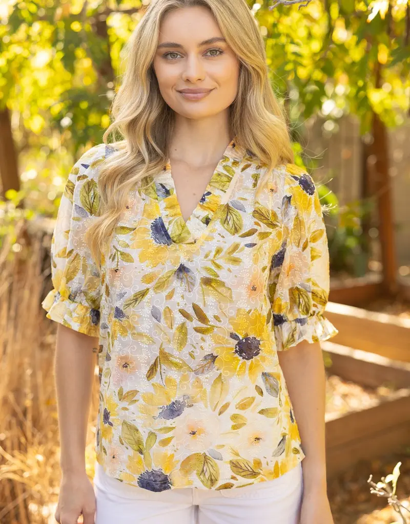 Ruffled V Neck Floral Print and Embroidery Top