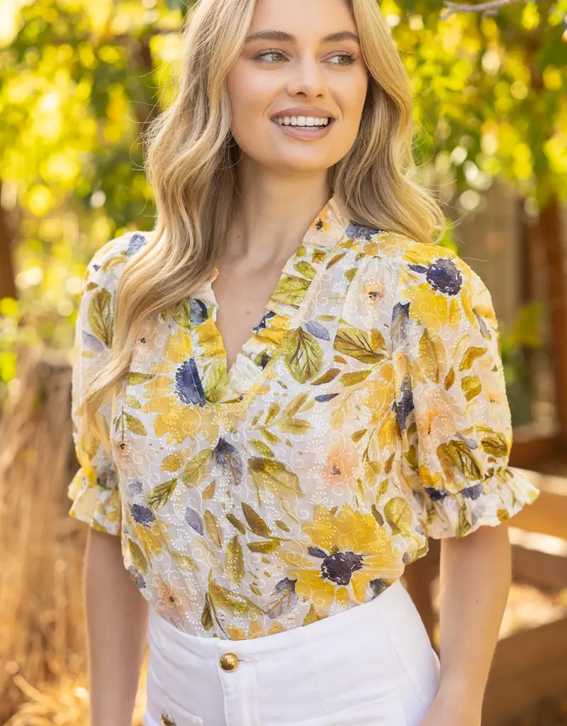 Ruffled V Neck Floral Print and Embroidery Top