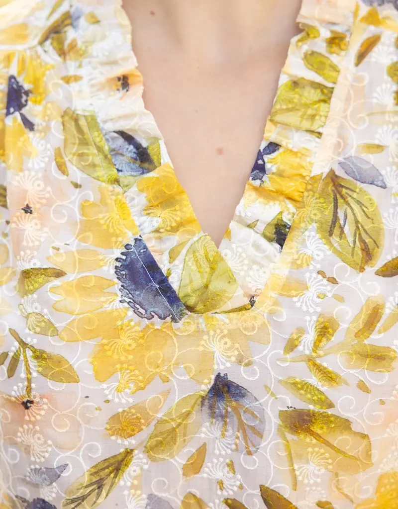 Ruffled V Neck Floral Print and Embroidery Top