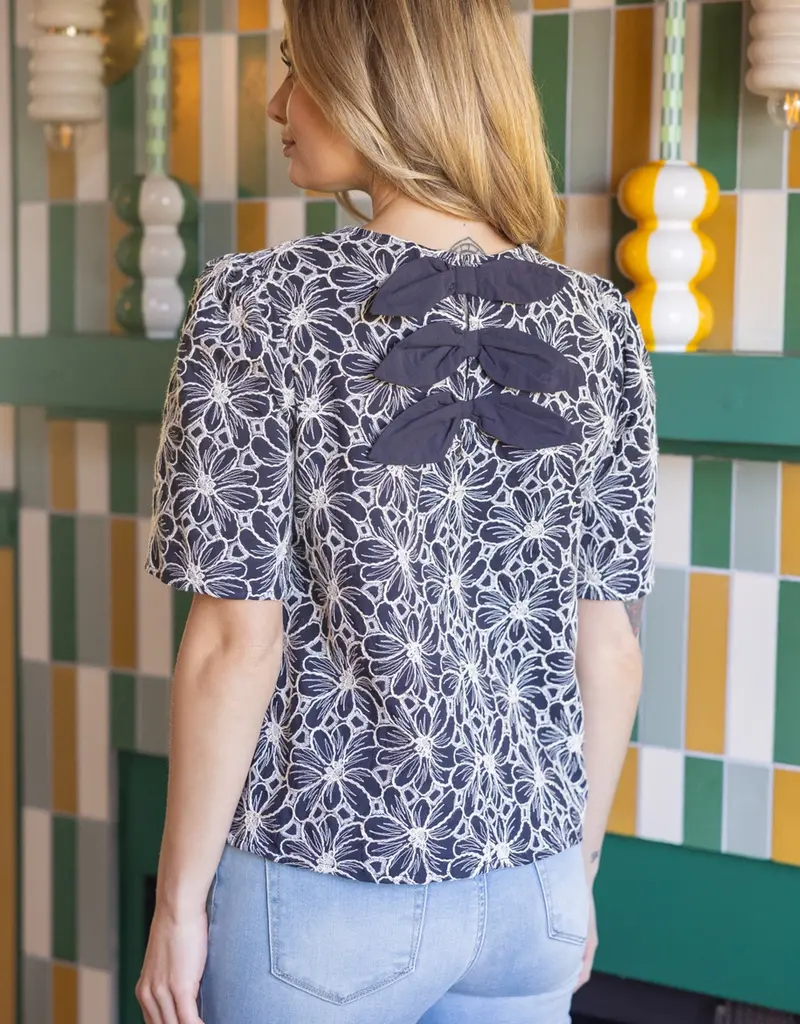 Back Bow Detailed Floral Embroidered Top