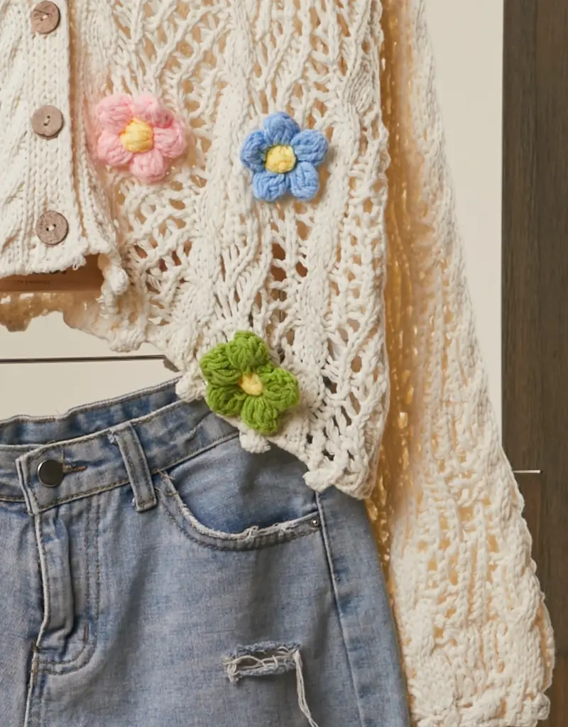 Floral Crochet Cardigan with Button Closure