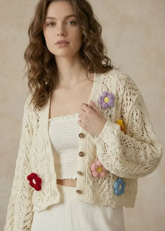 Floral Crochet Cardigan with Button Closure
