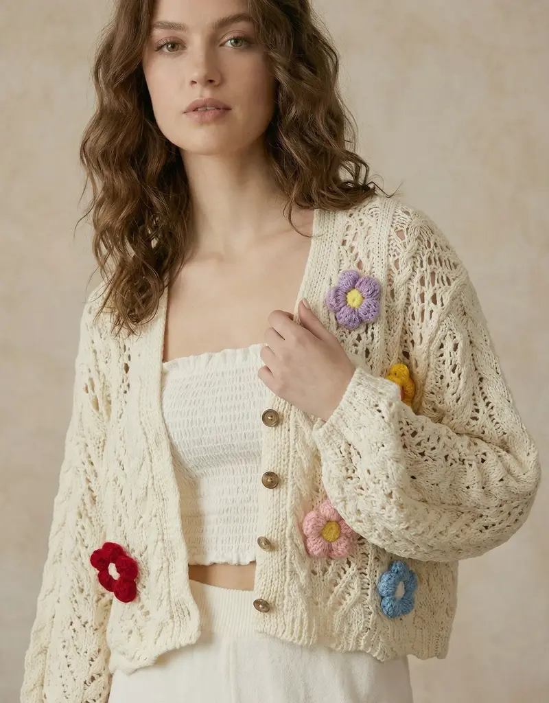 Floral Crochet Cardigan with Button Closure