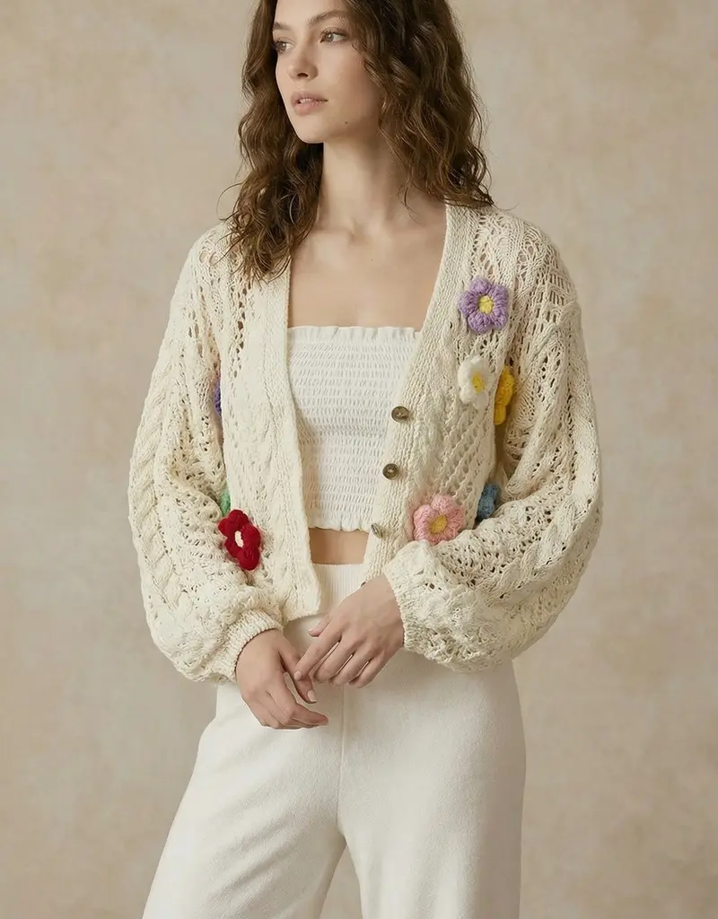 Floral Crochet Cardigan with Button Closure
