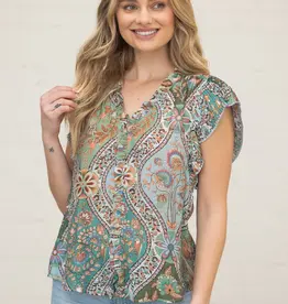 Pleated Sleeve Button Down Floral Printed Top