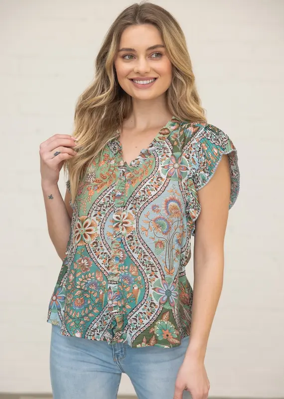 Pleated Sleeve Button Down Floral Printed Top