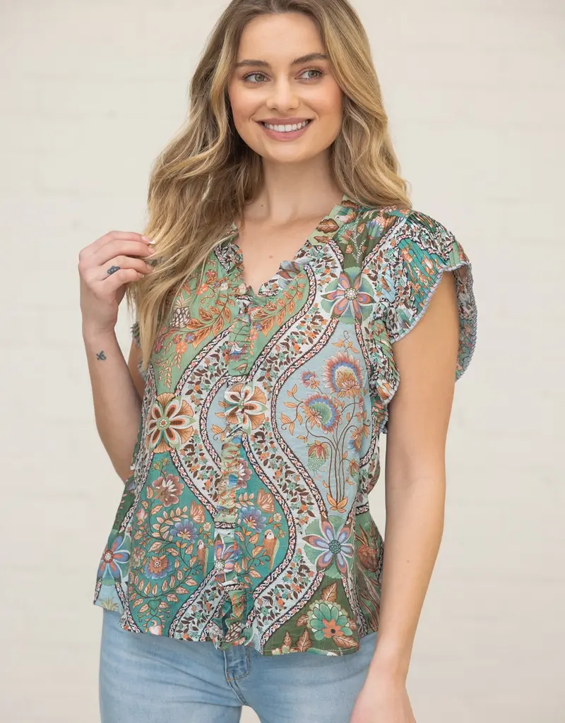 Pleated Sleeve Button Down Floral Printed Top