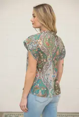 Pleated Sleeve Button Down Floral Printed Top