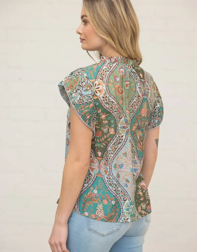 Pleated Sleeve Button Down Floral Printed Top