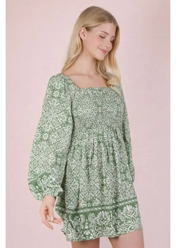 Boho Balloon Sleeve Smocked Dress