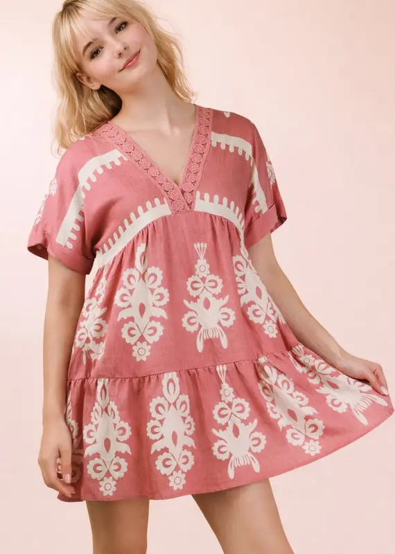 V-Neck Woven Embroidery Detail Dress