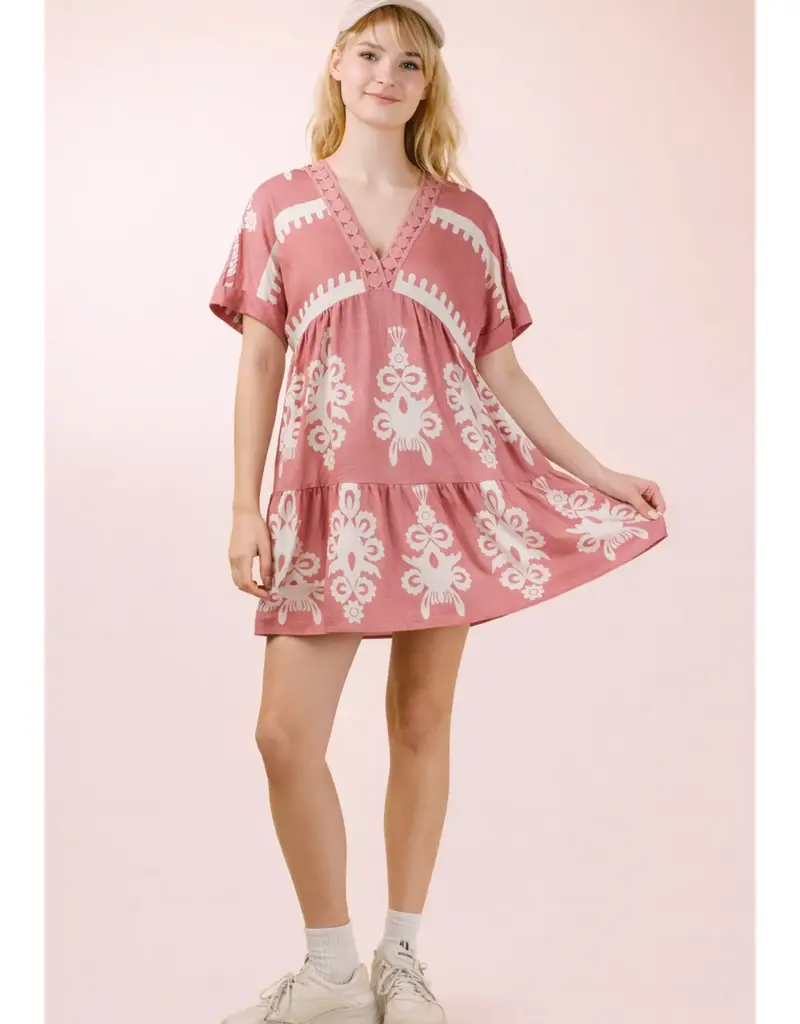 V-Neck Woven Embroidery Detail Dress