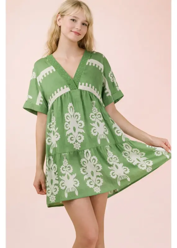 V-Neck Woven Embroidery Detail Dress