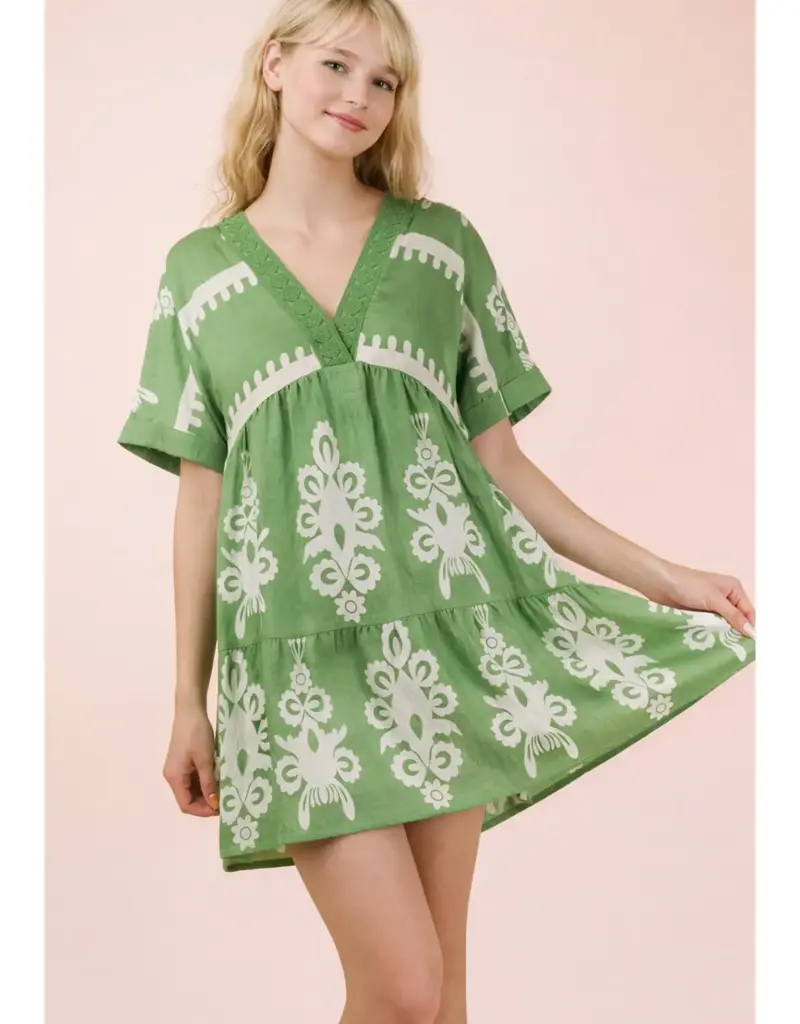 V-Neck Woven Embroidery Detail Dress