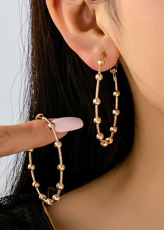 Classic Gold Ball Beaded Station Hoop Earrings