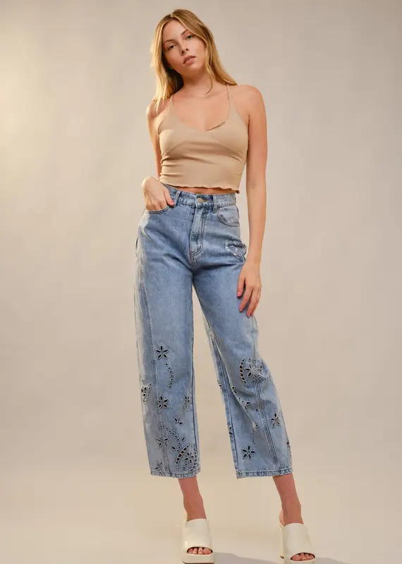 Barrel Leg Denim Jean With Embroidery Cut Out Detail