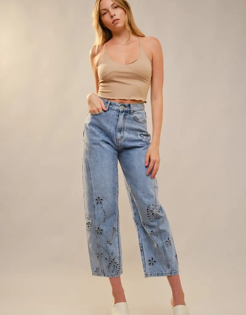 Barrel Leg Denim Jean With Embroidery Cut Out Detail