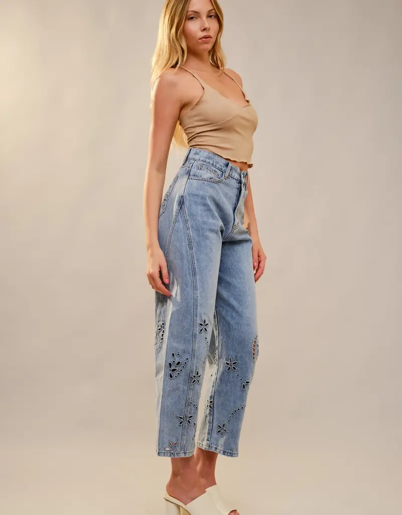 Barrel Leg Denim Jean With Embroidery Cut Out Detail