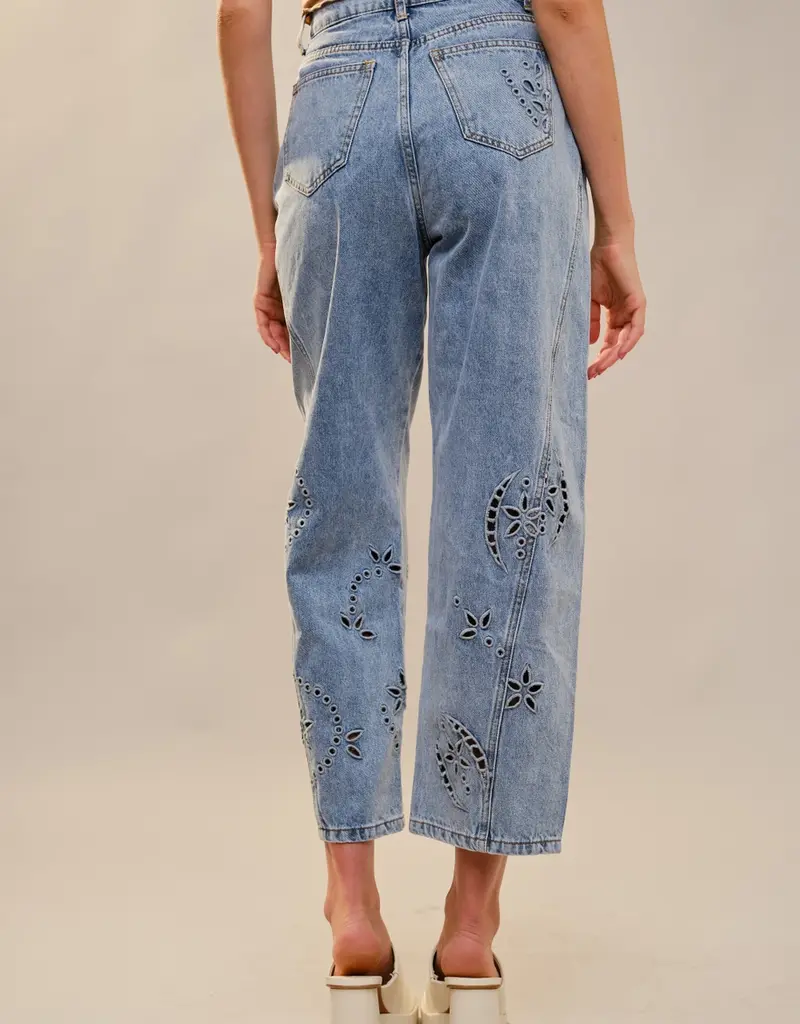 Barrel Leg Denim Jean With Embroidery Cut Out Detail