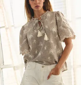 Scallop Striped & Embroidered Top