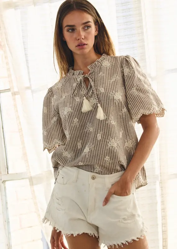 Scallop Striped & Embroidered Top