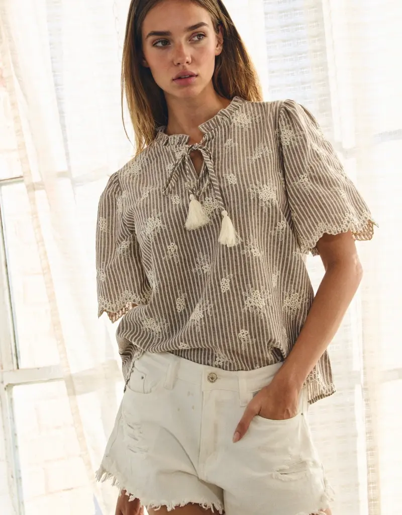 Scallop Striped & Embroidered Top