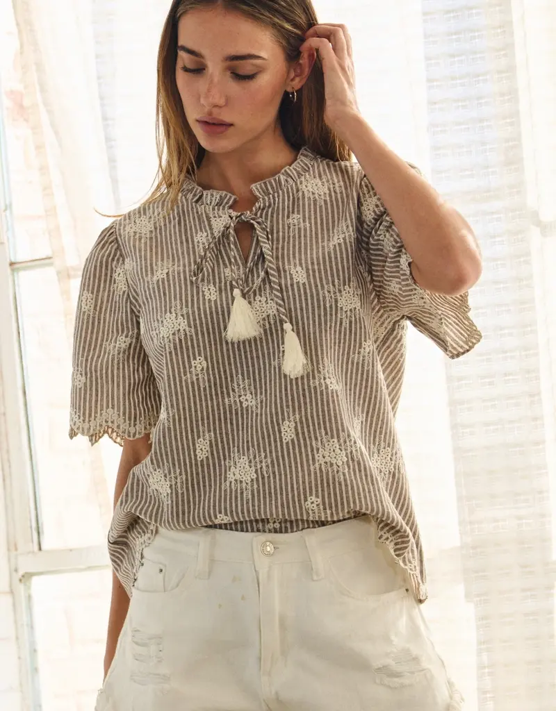 Scallop Striped & Embroidered Top