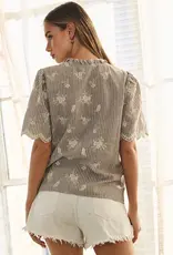 Scallop Striped & Embroidered Top