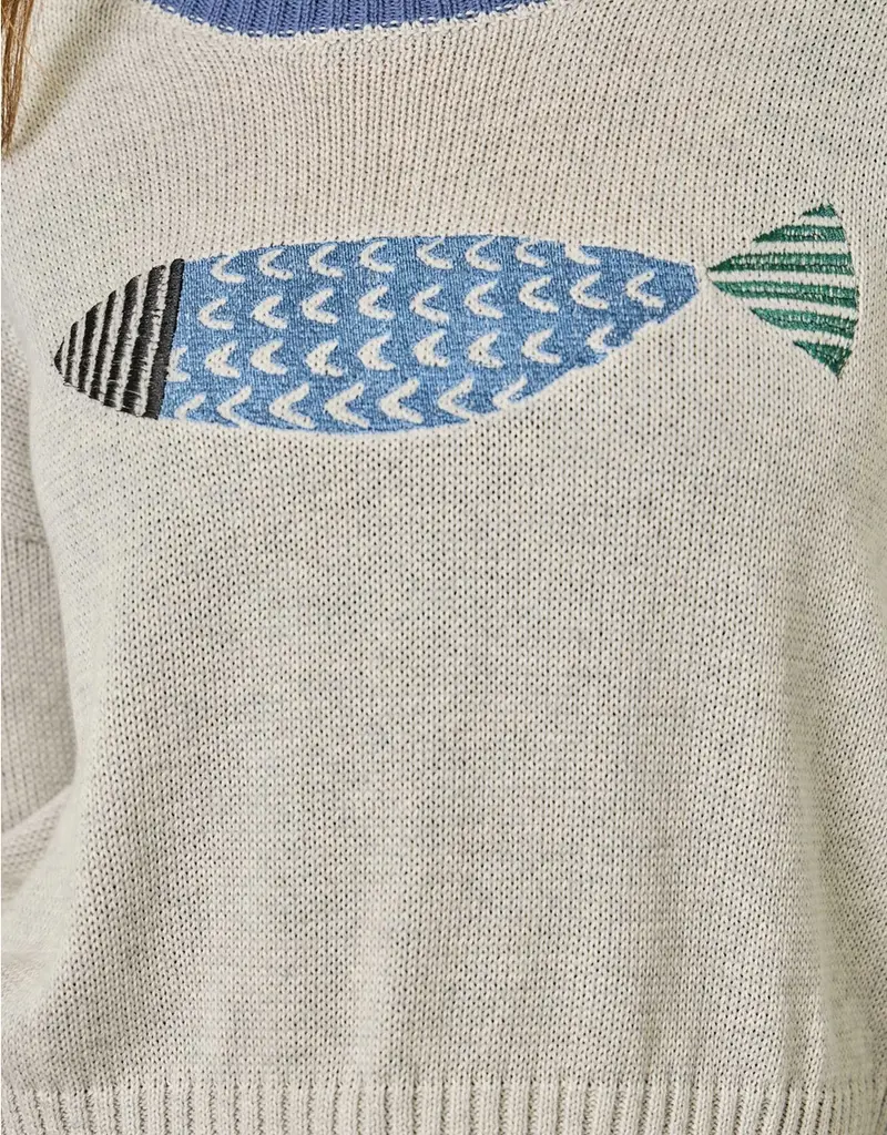 Fish Design Stripe/Block Pullover Sweater