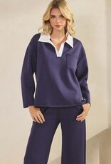 Classic Collared Two-Tone Top and Wide-Leg Pants Set