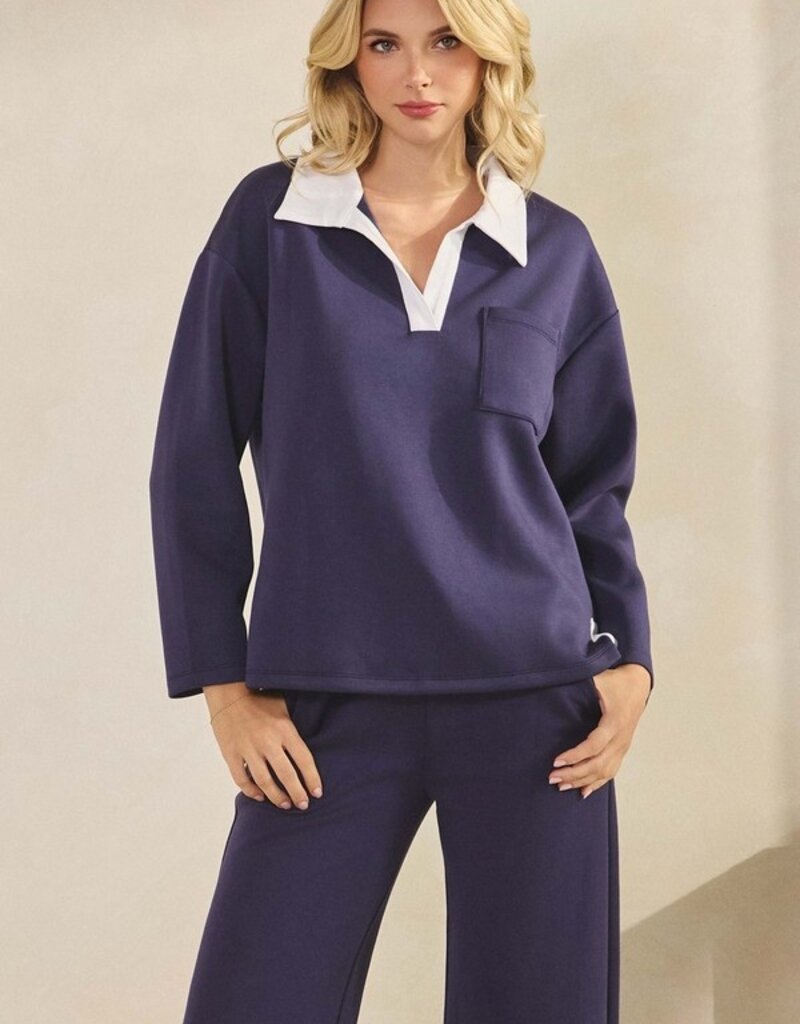 Classic Collared Two-Tone Top and Wide-Leg Pants Set