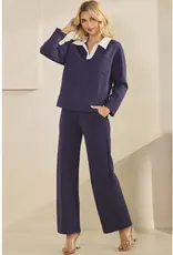 Classic Collared Two-Tone Top and Wide-Leg Pants Set