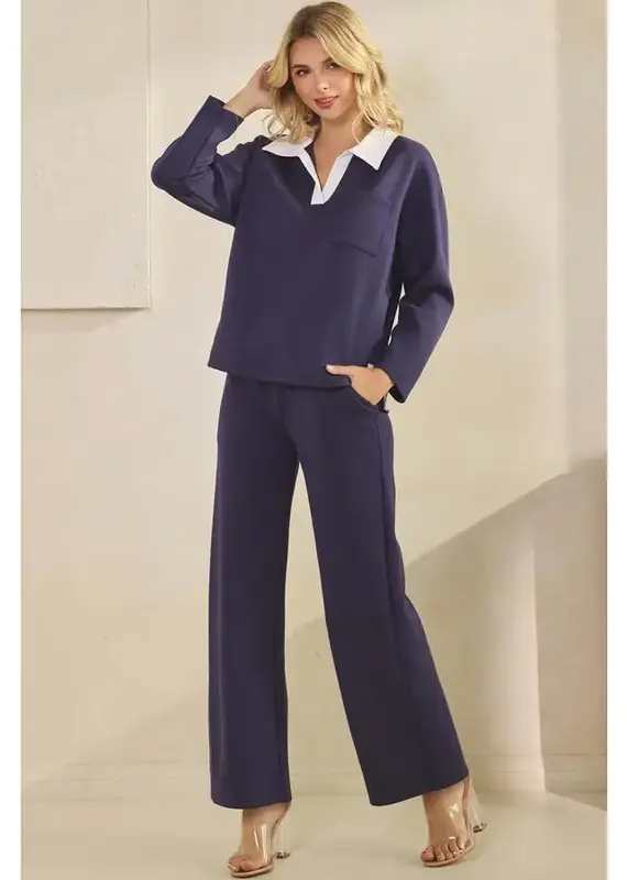 Classic Collared Two-Tone Top and Wide-Leg Pants Set
