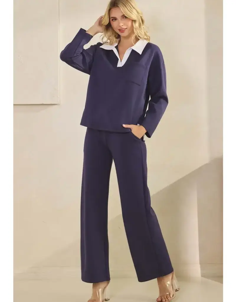 Classic Collared Two-Tone Top and Wide-Leg Pants Set